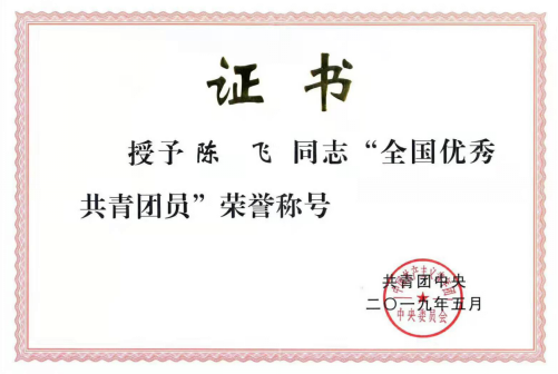 陈飞同学荣获"全国优秀共青团员"称号证书